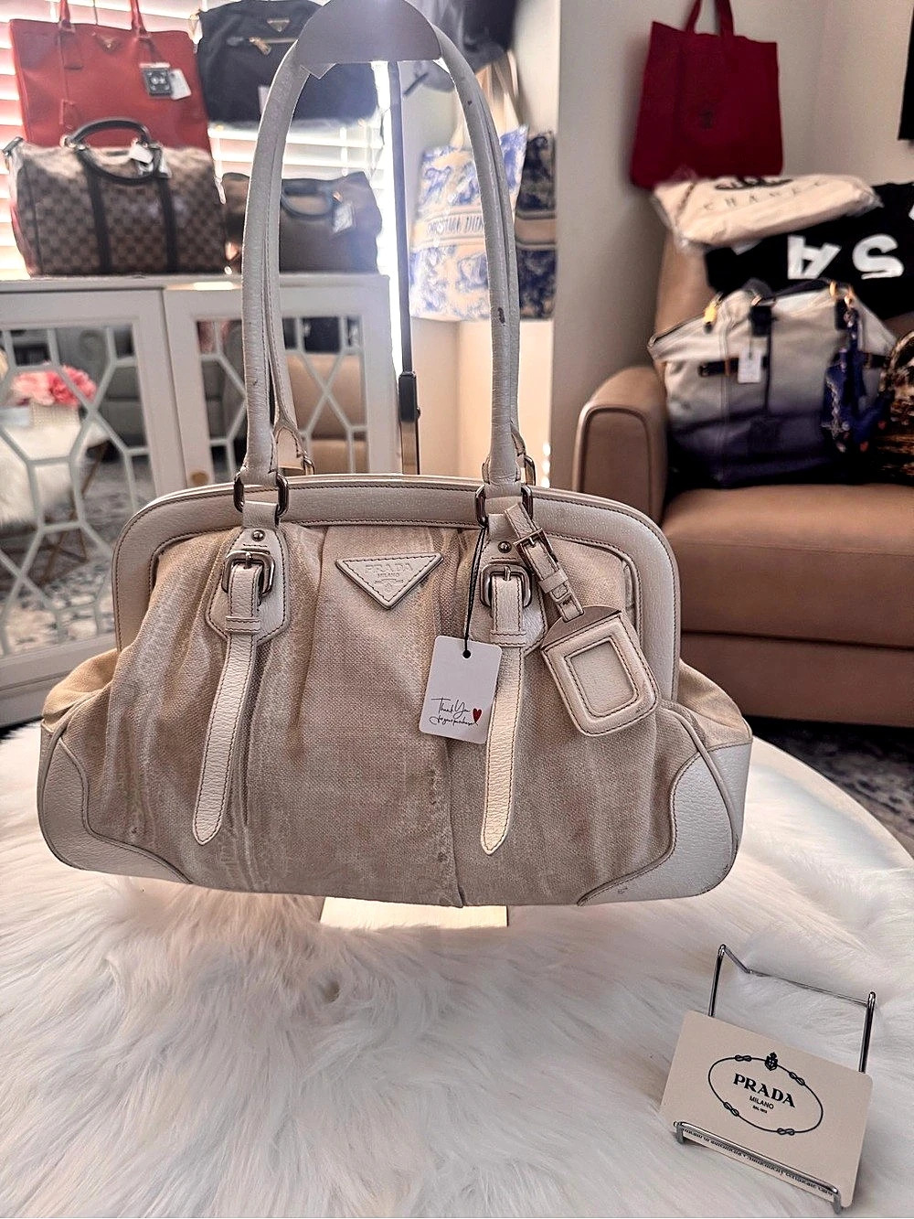 Prada Canvas and Leather Canapa Frame Shoulder Bag Leather White & Beige